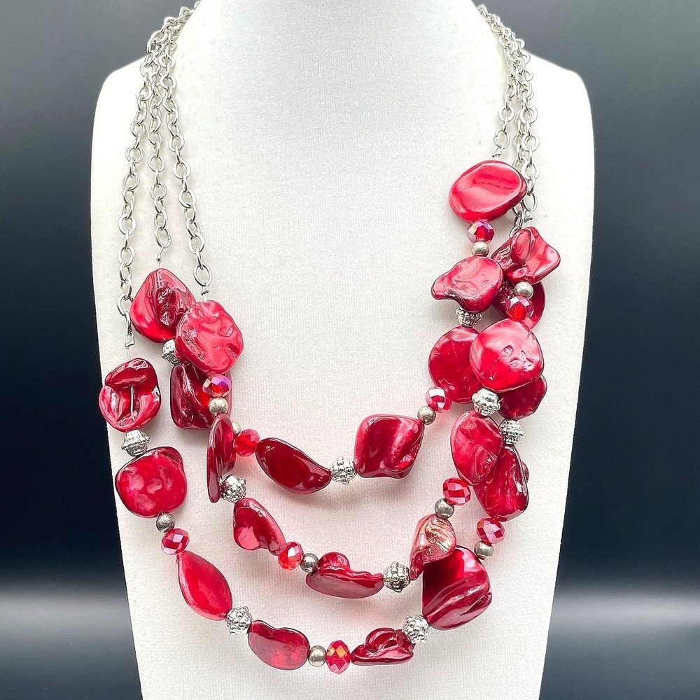 Vintage Statement Multi-Strand Red Irregular Resin Bead Necklace Silver Chain